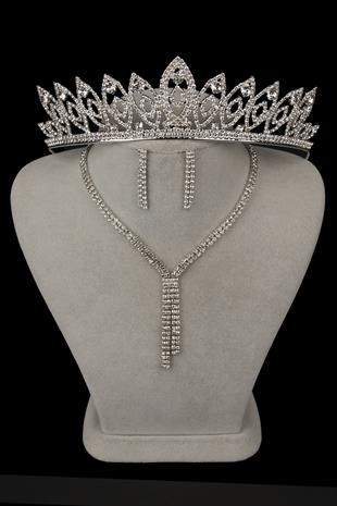 Giba Su Yolu Kristal Taşlı Abiye Kolye Küpe Seti Ve İnce Yaprak Gelin Tacı