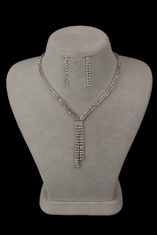 Giba Su Yolu Kristal Taşlı Abiye Kolye Küpe Seti Ve İnce Yaprak Gelin Tacı