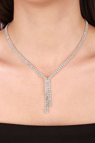 Giba Su Yolu Kristal Taşlı Abiye Kolye Küpe Seti Ve Yaprak Gelin Tacı