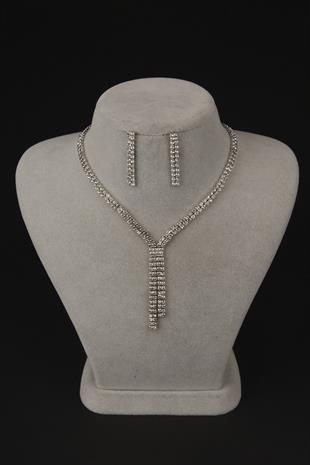 Giba Su Yolu Kristal Taşlı Abiye Kolye Küpe Seti Ve Yaprak Gelin Tacı