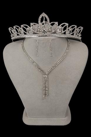 Giba Su Yolu Kristal Taşlı Abiye Kolye Küpe Seti Ve Yaprak Gelin Tacı