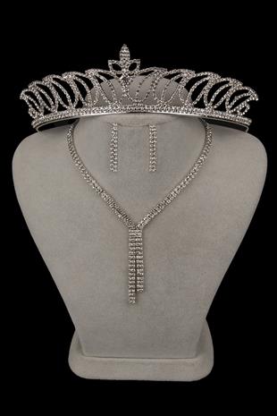 Giba Su Yolu Kristal Taşlı Abiye Kolye Küpe Seti Ve Lale Gelin Tacı