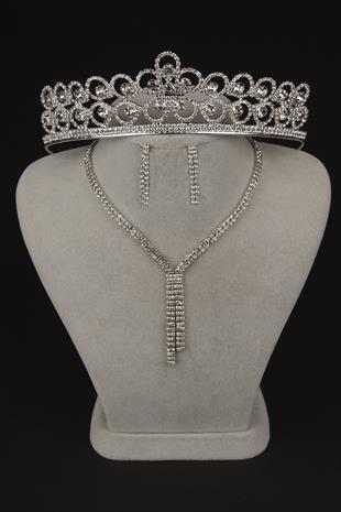 Giba Su Yolu Kristal Taşlı Abiye Kolye Küpe Seti Ve Çiçek Gelin Tacı