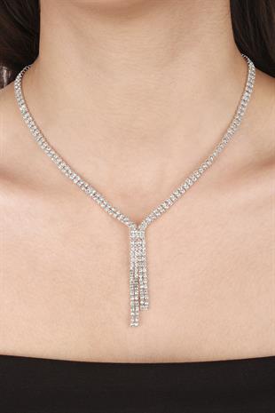 Giba Su Yolu Kristal Taşlı Abiye Kolye Küpe Seti Ve Gül Gelin Tacı 