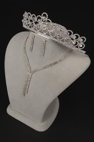 Giba Su Yolu Kristal Taşlı Abiye Kolye Küpe Seti Ve Çiçek Gelin Tacı