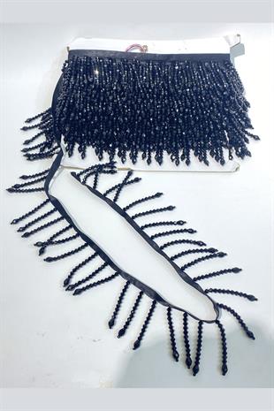 Kristal Boncuk İşlemeli Saçak Püskül Şerit