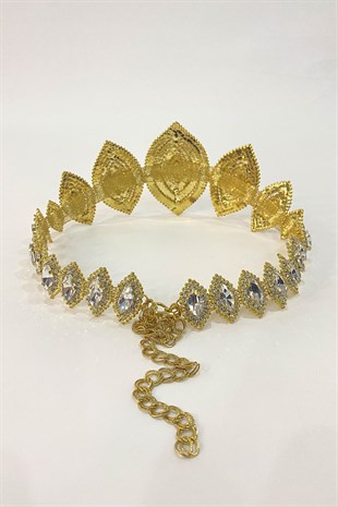 فستان سهرة ذهبي حزام بقلاوة عزر الحجر