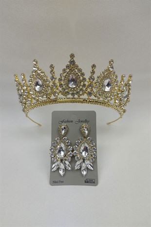 Gold Ahu Model Gelin Tacı Ve Mekik Damla Taşlı Küpe