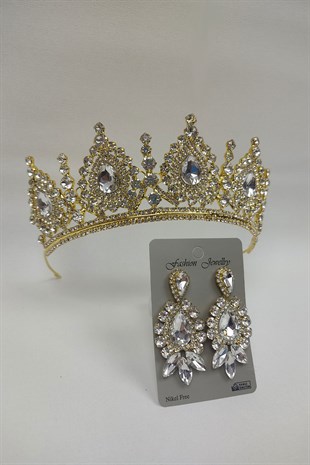 Gold Ahu Model Gelin Tacı Ve Mekik Damla Taşlı Küpe