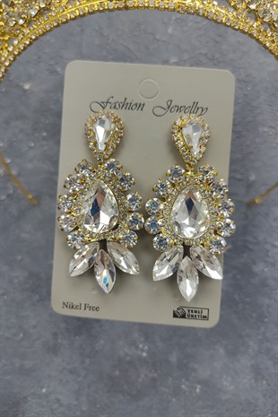 Gold Ahu Model Gelin Tacı Ve Mekik Damla Taşlı Küpe