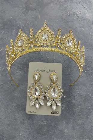 Gold Ahu Model Gelin Tacı Ve Mekik Damla Taşlı Küpe