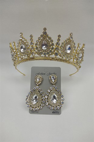 Gold Ahu Model Bridal Crown And Studded Earrings