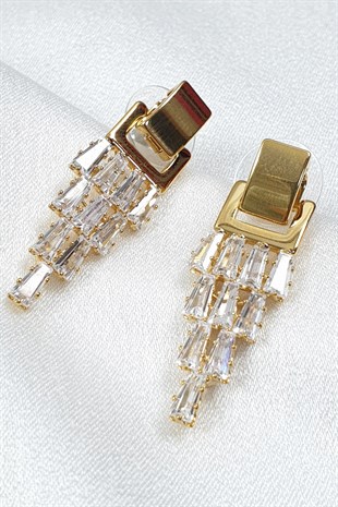 Gold Baget Taşlı Sallantılı Küpe