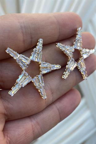 Gold Baget Zirkon Taşlı Abiye Parlak Küpe