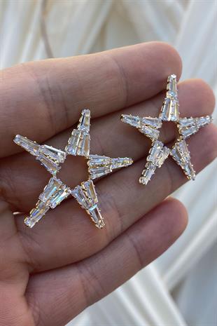 Gold Baget Zirkon Taşlı Abiye Parlak Küpe