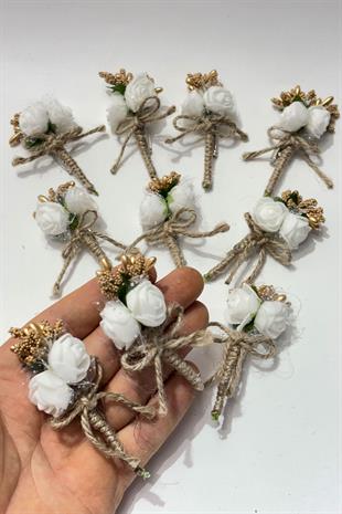 Gold Beyaz  Gold Cipsolu Güllü Damat Yaka Çiçeği Sağdıç Çiçeği 10 Adet