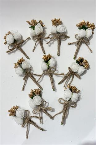 Gold Beyaz  Gold Cipsolu Güllü Damat Yaka Çiçeği Sağdıç Çiçeği 10 Adet