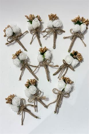 Gold Beyaz  Gold Cipsolu Güllü Damat Yaka Çiçeği Sağdıç Çiçeği 10 Adet