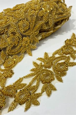 Gold Boncuk İşlemeli Çiçek Desen Geniş Şerit Aplik 1 Metre