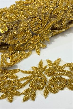 Gold Boncuk İşlemeli Çiçek Desen Geniş Şerit Aplik 1 Metre