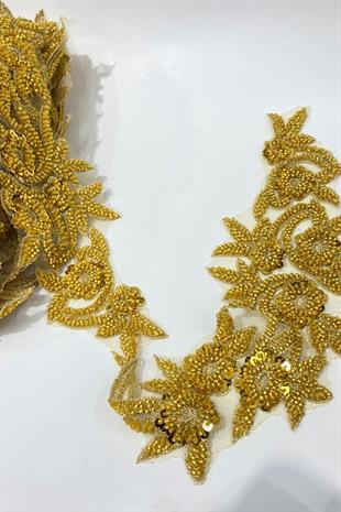 Gold Boncuk İşlemeli Çiçek Desen Geniş Şerit Aplik 1 Metre