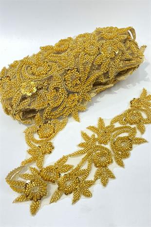 Gold Boncuk İşlemeli Çiçek Desen Geniş Şerit Aplik 1 Metre