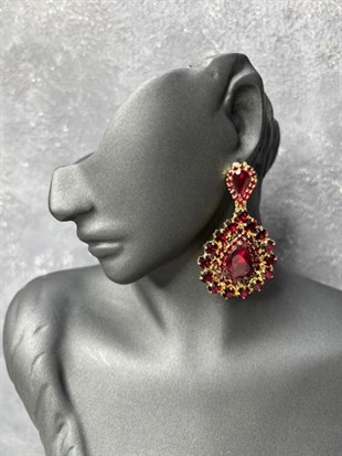 Gold Bordo Rengi Sia Damla Şık Tasarım Taşlı Gelin Kına Abiye Küpesi