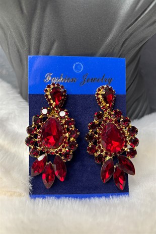 Gold Bordo Rengi Velin Şık Tasarım Taşlı Küpe  Gelin Kına Abiye Küpesi