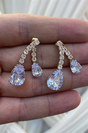 Gold Damla Taşlı Özel Zirkon Parlak Küpe