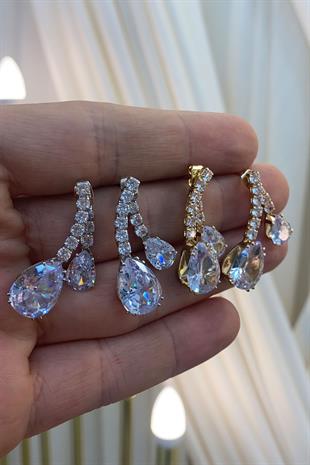 Gold Damla Taşlı Özel Zirkon Parlak Küpe