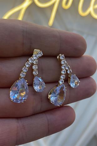 Gold Damla Taşlı Özel Zirkon Parlak Küpe