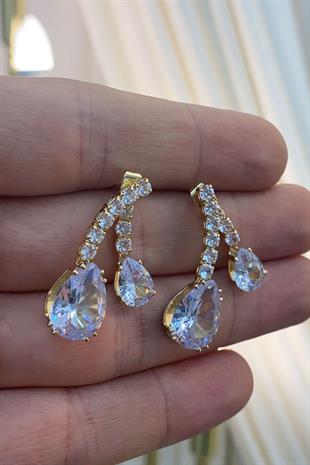 Gold Damla Taşlı Özel Zirkon Parlak Küpe