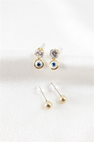 Gold Damlı Taşlı Çoklu Küpe