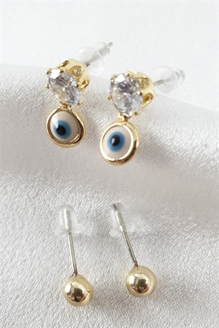 Gold Damlı Taşlı Çoklu Küpe