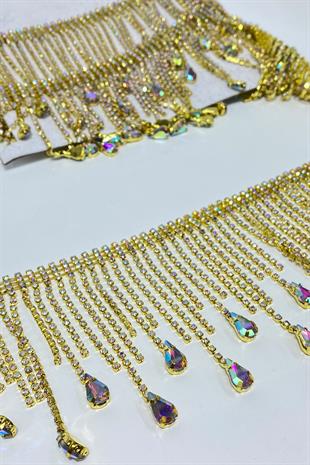 Gold Shiny Beyoğlu Drop Stone Fringe Tassel Ribbon Accessory