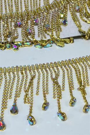 Gold Shiny Beyoğlu Drop Stone Fringe Tassel Ribbon Accessory