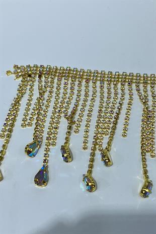 Gold Shiny Beyoğlu Drop Stone Fringe Tassel Ribbon Accessory