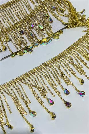 Gold Shiny Beyoğlu Drop Stone Fringe Tassel Ribbon Accessory