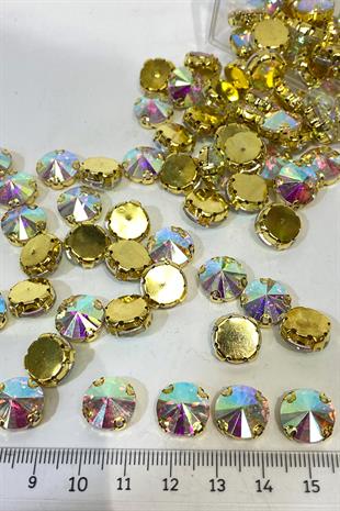Gold Janjanlı Metal Kasalı Yuvarlak Beyoğlu Taşı Dikme boncuk 5 Adet