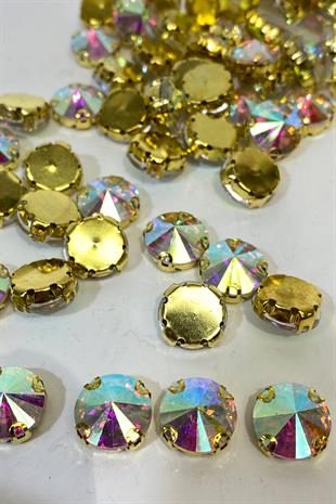 Gold Janjanlı Metal Kasalı Yuvarlak Beyoğlu Taşı Dikme boncuk 5 Adet
