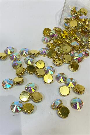 Gold Janjanlı Metal Kasalı Yuvarlak Beyoğlu Taşı Dikme boncuk 5 Adet