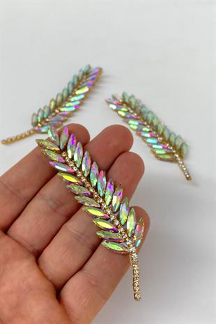 Gold Janjanlı Yaprak Desen Ütüyle Yapışan Parlak Taşlı Aplik 