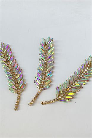Gold Janjanlı Yaprak Desen Ütüyle Yapışan Parlak Taşlı Aplik 