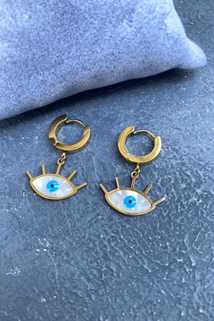 Gold Mavi Nazar Boncuk Detaylı Küpe