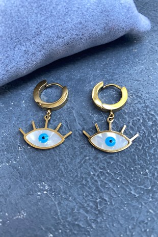 Gold Mavi Nazar Boncuk Detaylı Küpe