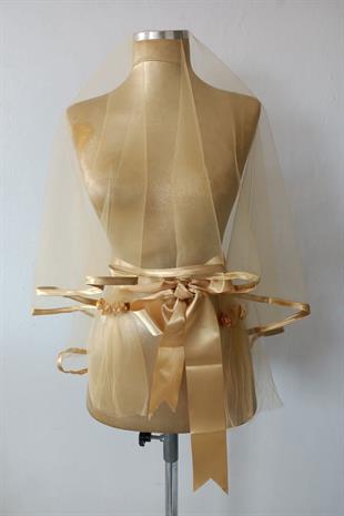 Gold Rengi Biyeli Zarif Sade Tasarım Gelin Kına Yüz Örtüsü