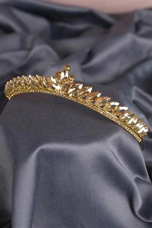 Gold Rengi Ince Mekik Taşlı Gelin Kına Tacı