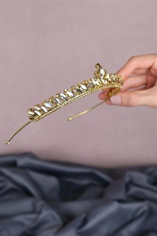 Gold Rengi Ince Mekik Taşlı Gelin Kına Tacı