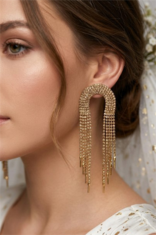 Gold Rengi Sole Düğün Ve Nişan İçin Sallantılı Abiye Gelin Kına Küpesi