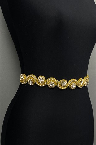 Gold Rengi Su Yolu Abiye Elbise Aksesuarı Taşlı Bel Kemeri 